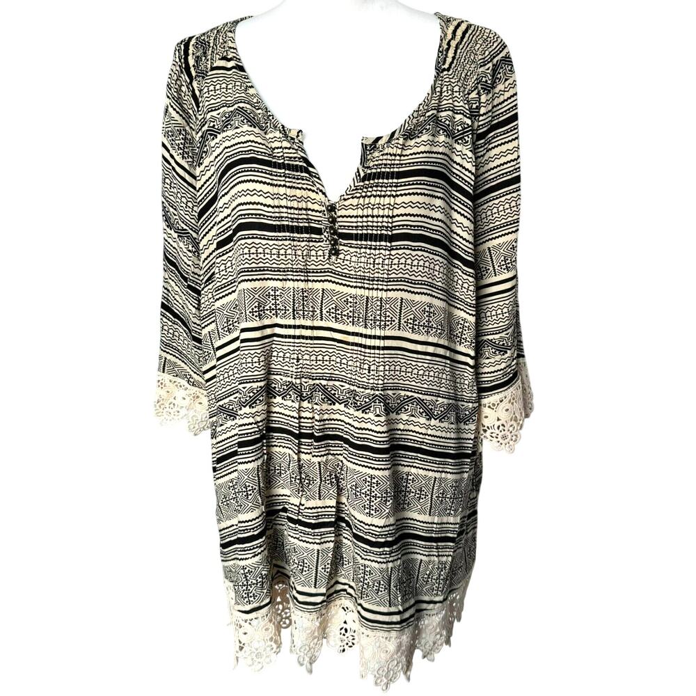 SOLITAIRE Women's 3X‎ Striped Tunic Top Shirt Lace Trim 3/4 Sleeve V Neck Boho
